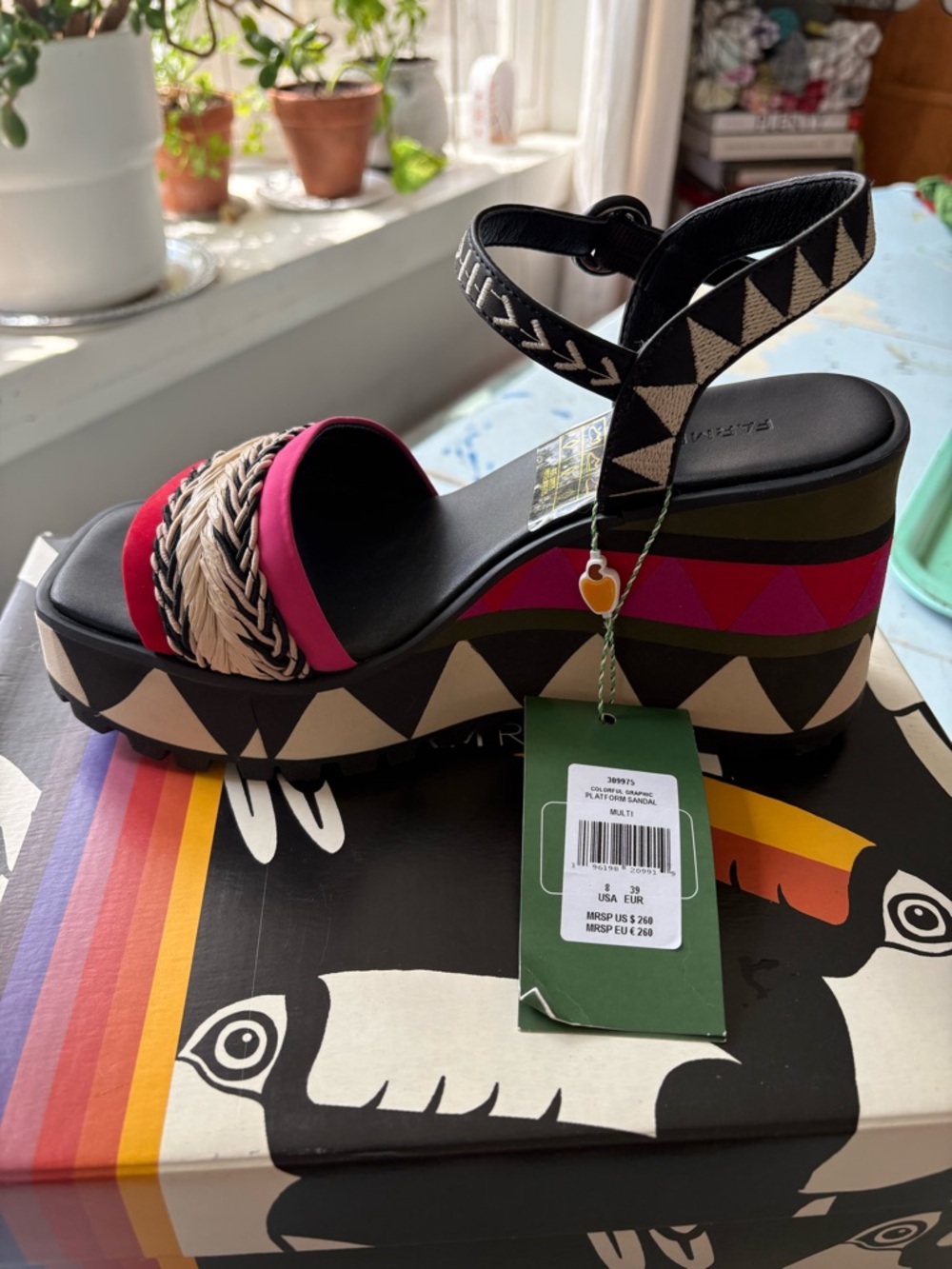 FARM Rio Black, Pink & Cream Platform Wedge Sandals with Geometric Trim - Picture 5 of 7